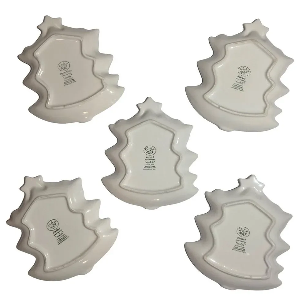 Clay Art Navidad Christmas Tree Snack Bowls 5 Plates Hand Painted StoneLite 2003
